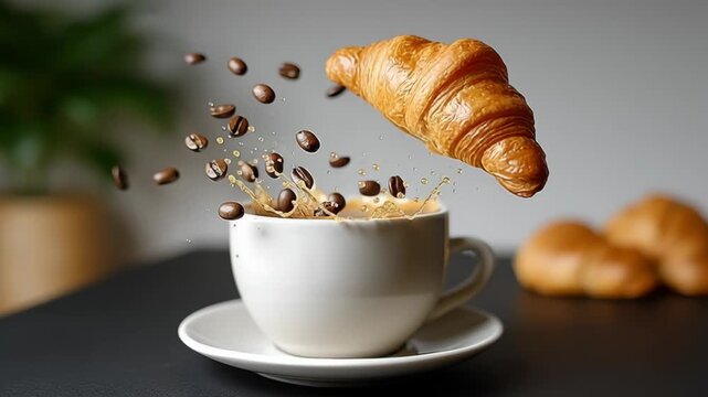 Croissant gracefully hovers above a steaming cup of coffee, with coffee beans splashing around, showcasing a dynamic scene progression, camera follows the action closely