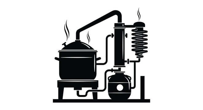 Moonshine still distillation apparatus black and white silhouette