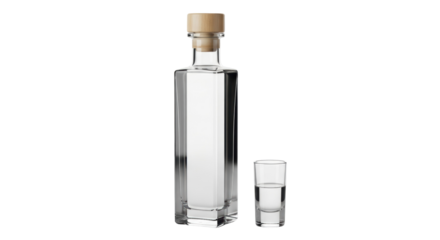 Elegant square bottle of clear liquor with wooden stopper and shot glass isolated PNG, premium spirits for bar and cocktail design