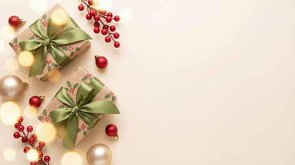 Merry Christmas and Happy Holidays greeting card with red and gold ornaments and gifts on a light beige. Perfect for frame, banners or New Year celebrations.