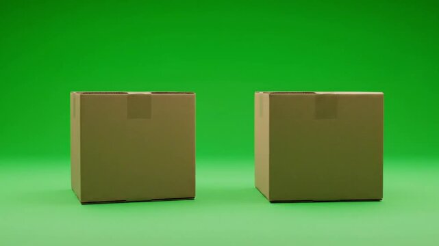 Two cardboard boxes on a vibrant green screen background, ready for shipping and delivery in your next commercial project, showing simplicity and efficiency