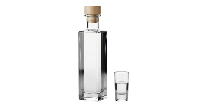 Elegant square bottle of clear liquor with wooden stopper and shot glass isolated PNG, premium spirits for bar and cocktail design