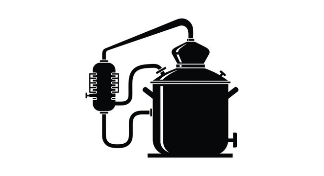 Copper alembic still illustration for distillation process in black silhouette