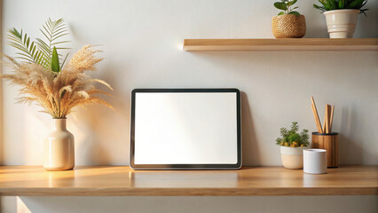Modern Desk Setup with Tablet and Dried Flowers