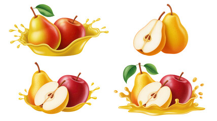 Assortment of pear and apple slices with juice splash isolated on transparent backdrop showcasing fresh fruit combination beverage advertising healthy lifestyle and dietary themes