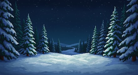 Pixel art winter landscape with snow covered trees at night