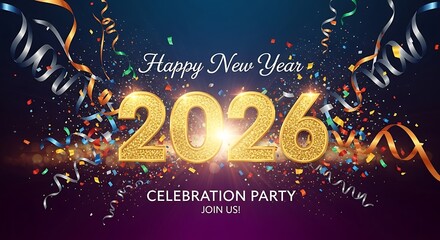 Celebrate New Year's 2026 with a dazzling party invitation, glittering confetti, and festive ribbons for a joyous and memorable start to the year