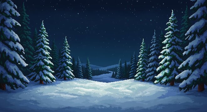 Pixel art winter landscape with snow covered trees at night