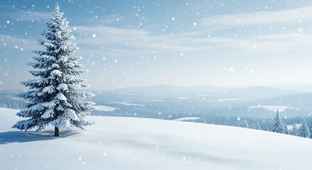 Obraz premium Snow Covered Evergreen Tree in Winter Landscape with Falling Snowflakes