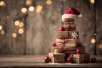 Festive christmas tree made of stacked gift boxes adorned with ornaments and a santa hat on a rustic wooden surface