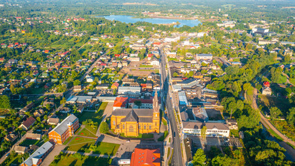 Rezekne, Latgale ,Latvija. Aerial photo from drone to of Rezekne city center at sunrise. (Series)