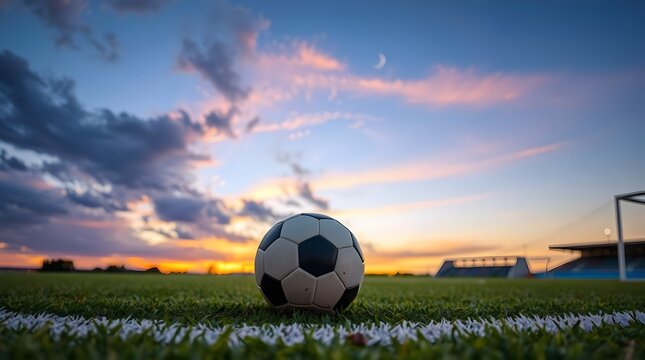 A slightly blurred soccer ball positioned on a field, framed by a dramatic, multi-colored sunset sky with prominent clouds and a faint crescent moon.
