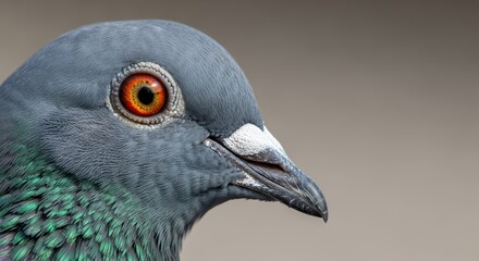 Close-up of pigeon with vibrant orange eyes and iridescent feathers