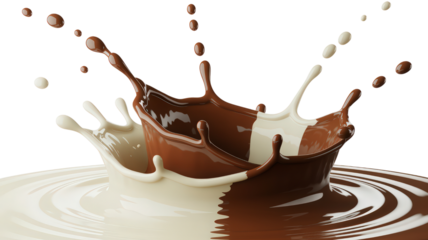 Chocolate and Milk Splash Liquid Collision Creamy Beverage Splashing Tasty Drink Dessert Sweetness Swirl Mixing Refreshment Brown White Food Pouring Aroma