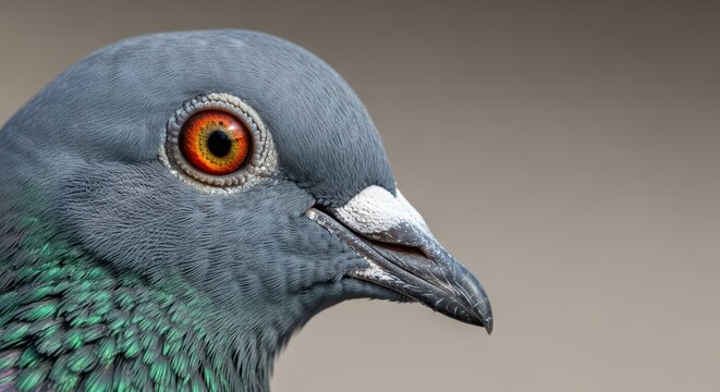 Close-up of pigeon with vibrant orange eyes and iridescent feathers