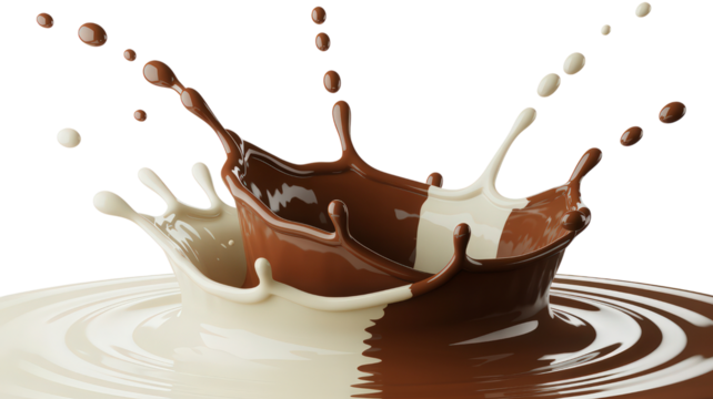 Chocolate and Milk Splash Liquid Collision Creamy Beverage Splashing Tasty Drink Dessert Sweetness Swirl Mixing Refreshment Brown White Food Pouring Aroma