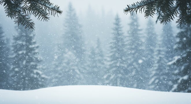 Snowy winter forest landscape with falling snow and evergreen trees - Powered by Adobe