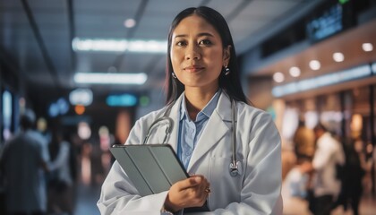 Highly professional diverse female doctor with a stethoscope and tablet, standing confidently in a bright public area, healthcare and medical