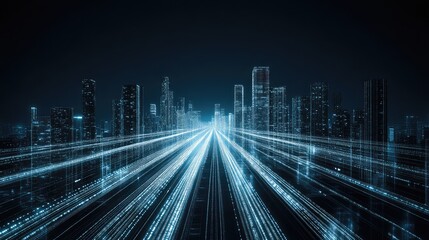 Fototapeta premium smart city at night viewed from a high-angle, with glowing lines of light representing data flow along the streets and between buildings, futuristic architecture, sleek and clean, long exposure. 