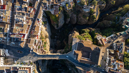 Aerial view of Ronda landscape and buildings with Puente Nuevo Bridge, Andalusia, Spain