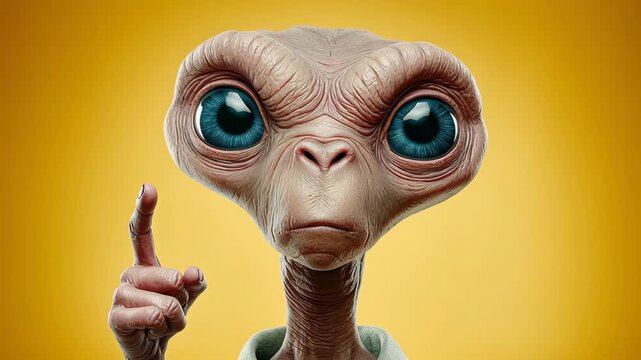 Intriguing alien character with large expressive eyes and a raised finger, conveying a sense of urgency and importance, captured in a vibrant yellow backdrop, showcasing a gradual zoom in