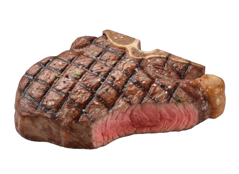 Juicy Grilled T Bone Steak With Grill Marks And Rosemary Garnish On Transparent Background