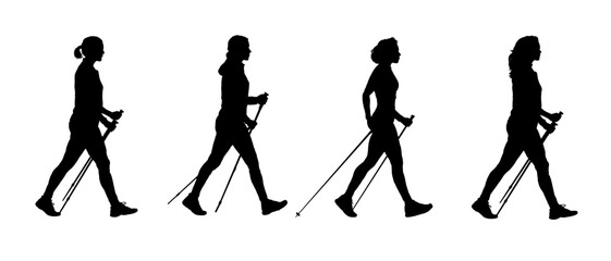 Set of four nordic walking woman silhouette vector illustration