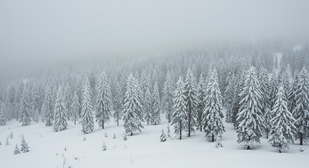 Naklejka premium Winter wonderland forest landscape with snow covered pine trees panorama