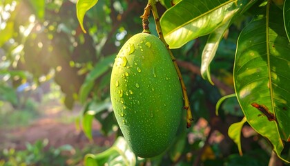 Close-up of a green fruit hanging from a tree with bright green leaves, droplets of water visible, sunlight streaming through