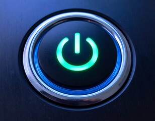 Close-up of a green illuminated power button on a dark surface, surrounded by a metallic rim and blue light