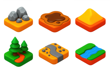 Vibrant Terrain Icons. 3D icon set of off-road terrain: rocky hill, mud puddle, sand dune, forest trail, gravel road, river