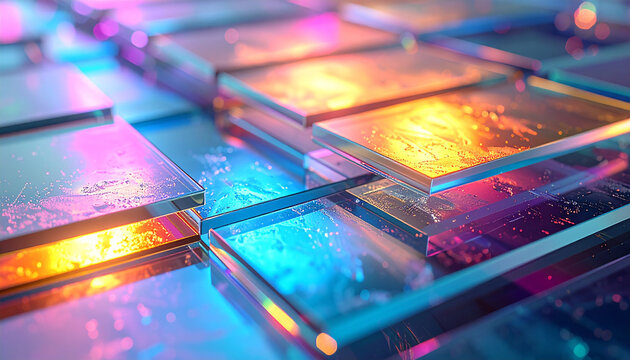 Abstract Geometric Tiles with Colorful Lighting: A mesmerizing close-up of geometric glass tiles bathed in an array of vibrant, multicolored lighting, revealing a futuristic and artistic aesthetic.