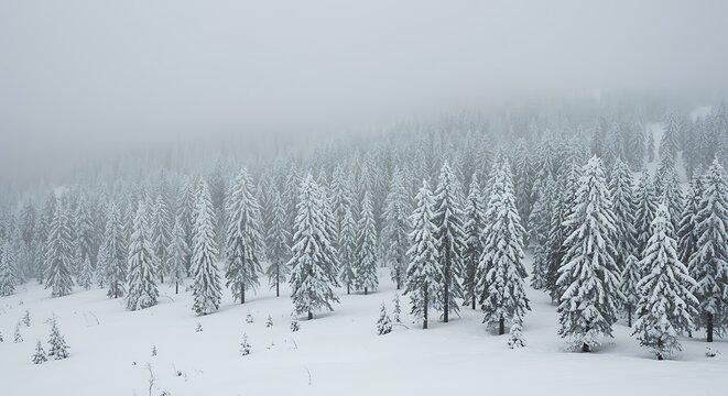 Winter wonderland forest landscape with snow covered pine trees panorama - Powered by Adobe