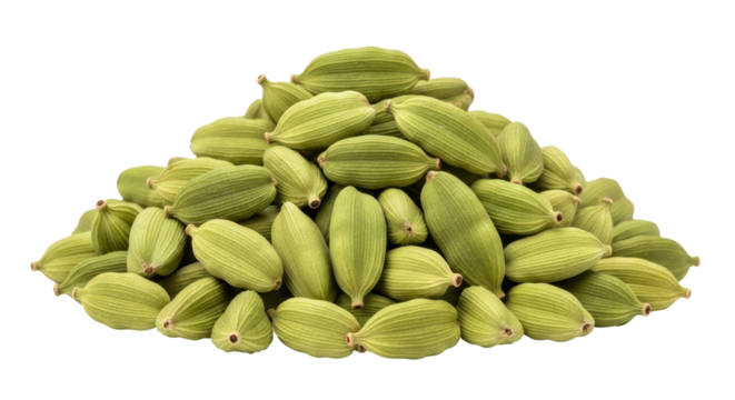 Pile of green cardamom pods isolated PNG on transparent background, aromatic spice for culinary and medicinal use