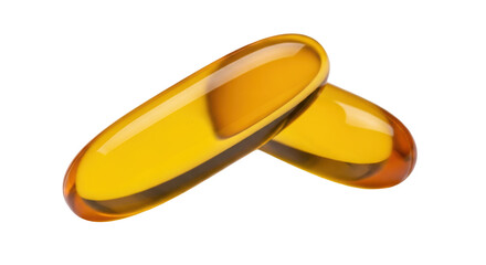 Two golden omega-3 fish oil capsules isolated PNG, dietary supplement for health and wellness on transparent background