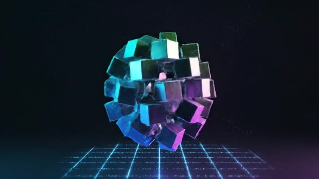 Glowing sphere surrounded by a blue cube composed of dots and lines in dark space