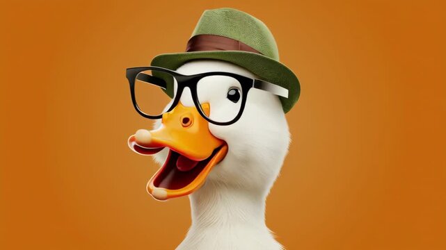 Cartoon duck character wearing glasses and a green hat, expressing joy and personality, with vibrant orange background, showcasing playful demeanor, camera zooms in on facial features