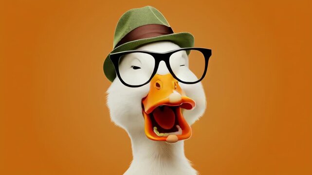 Cartoon duck character wearing glasses and a green hat, expressing excitement with an open beak, showcasing vibrant colors and playful ambiance, camera zooms in for detail