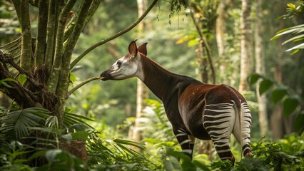 Rare and elusive Okapi (Okapia johnstoni) browsing on foliage in the dense tropical rainforest of the Congo.
