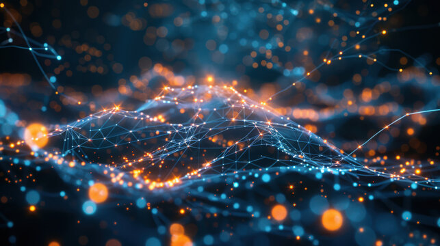 Abstract Digital Landscape with Glowing Connection Points Network Illustration