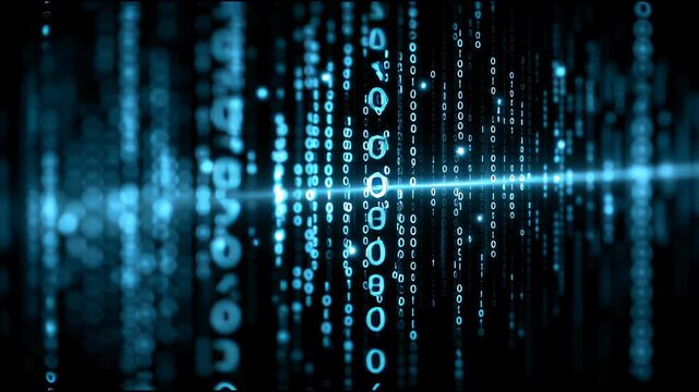 Digital Data Stream: A mesmerizing display of binary code pulses across a dark canvas, illustrating the dynamic flow of data in the digital age.