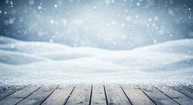 Winter wonderland snow covered landscape with wooden planks and snowfall - Powered by Adobe
