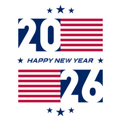 American-Style Holiday Banner. 2026 New Year Banner with American Flag Colors. Patriotic USA Holiday Design with Stars and Stripes for Celebration Cards, Social Media, and Web Headers.