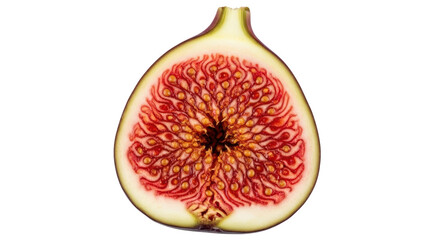 Naklejka premium Half fig fruit isolated PNG, cross section showing seeds and pulp, healthy eating ingredient on transparent background