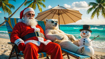 AI-generated image of Santa, a Polar bear and a Snowman escaping the cold weather