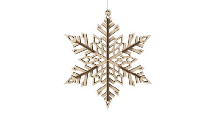 Wooden snowflake ornament isolated PNG, intricate laser-cut design for Christmas tree decoration and winter holiday crafts on transparent background