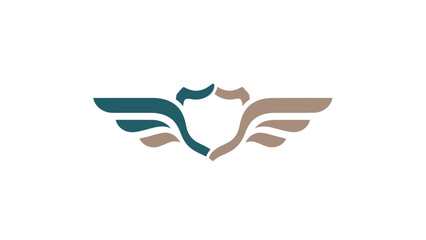 Shield with wings logo in teal and brown on a white background.