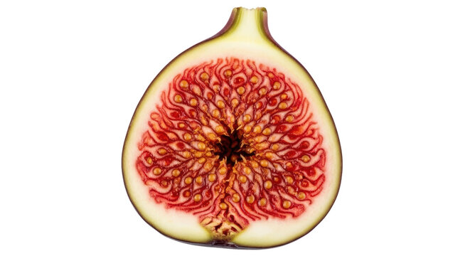 Half fig fruit isolated PNG, cross section showing seeds and pulp, healthy eating ingredient on transparent background