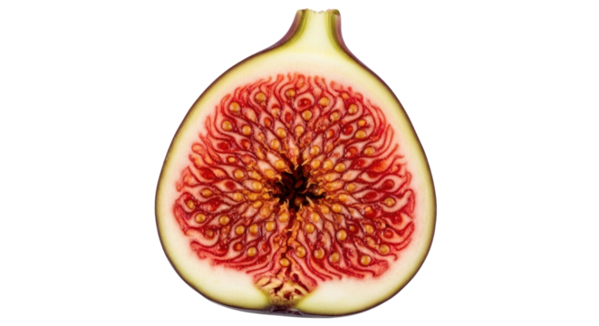 Half fig fruit isolated PNG, cross section showing seeds and pulp, healthy eating ingredient on transparent background