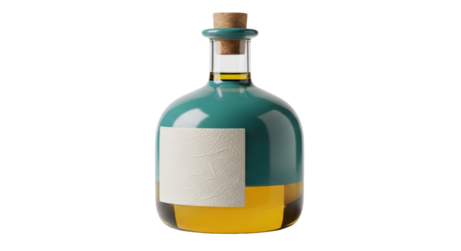 Elegant turquoise liquor bottle with cork isolated PNG, vintage style spirits container on transparent background for bar and product mockups - Powered by Adobe